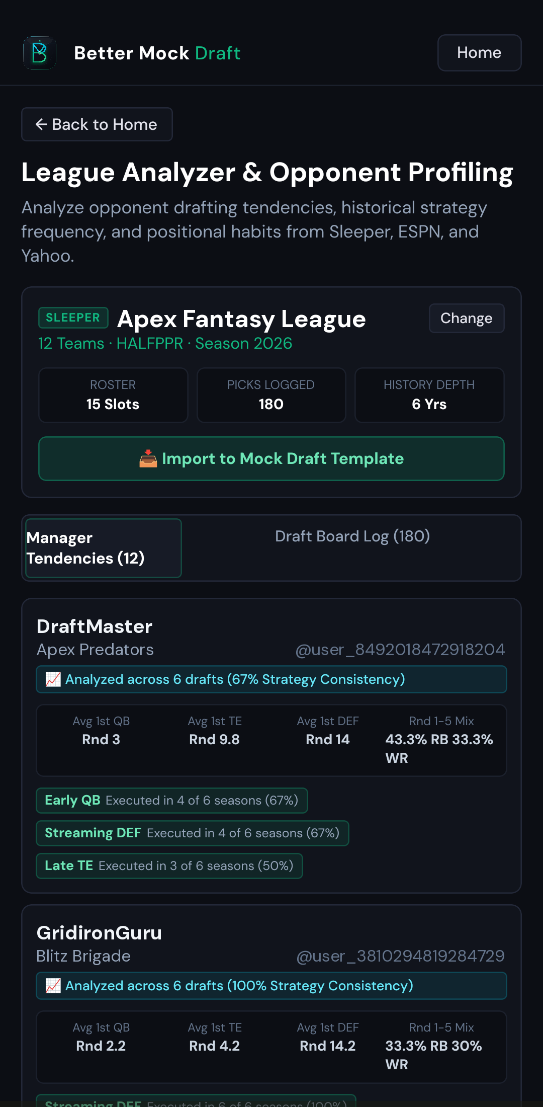 League Analyzer & Opponent Profiling Screen