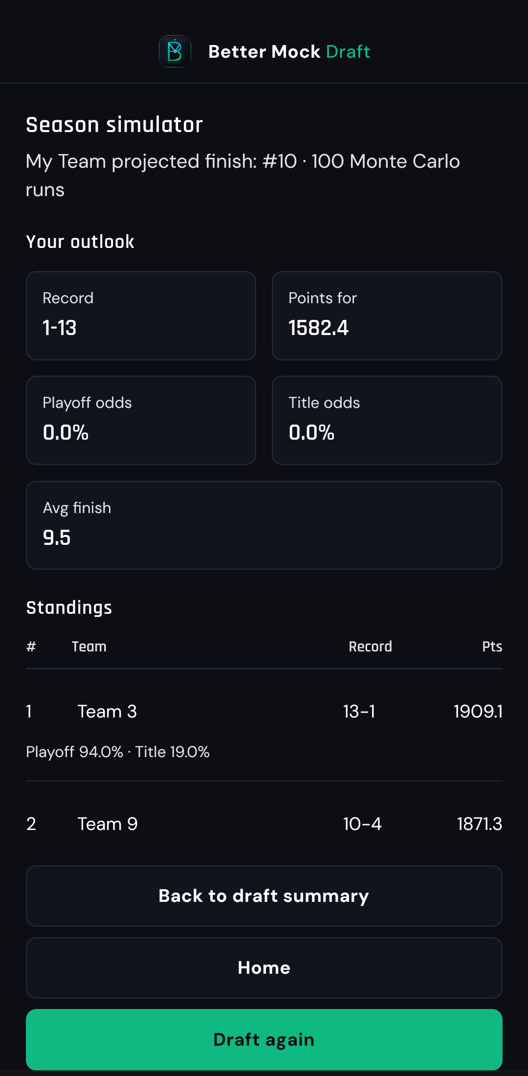 Monte Carlo Season Simulator Screen with Playoff and Title Odds